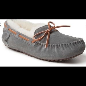 DEARFOAMS FIRESIDE Boater Moccasin Slippers SUEDE SHEARLING SHEEPSKIN Grey